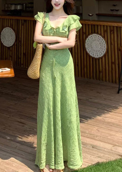 Handmade Green V Neck Tie Lace Print Maxi Dress Short Sleeve