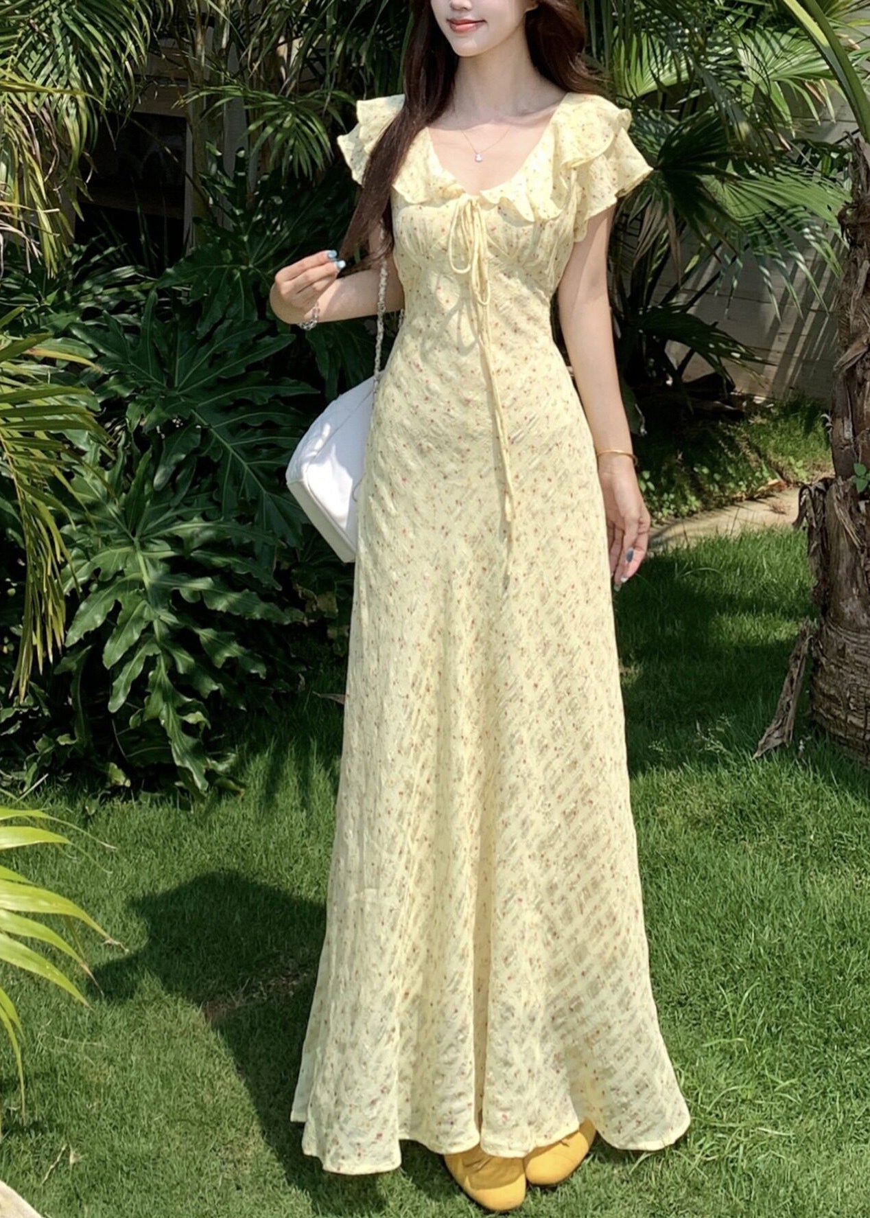 Handmade Green V Neck Tie Lace Print Maxi Dress Short Sleeve
