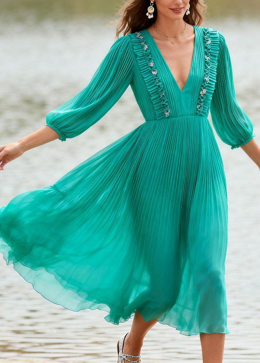 Handmade Green V Neck Wrinkled Patchwork Chiffon Ankle Dress Summer