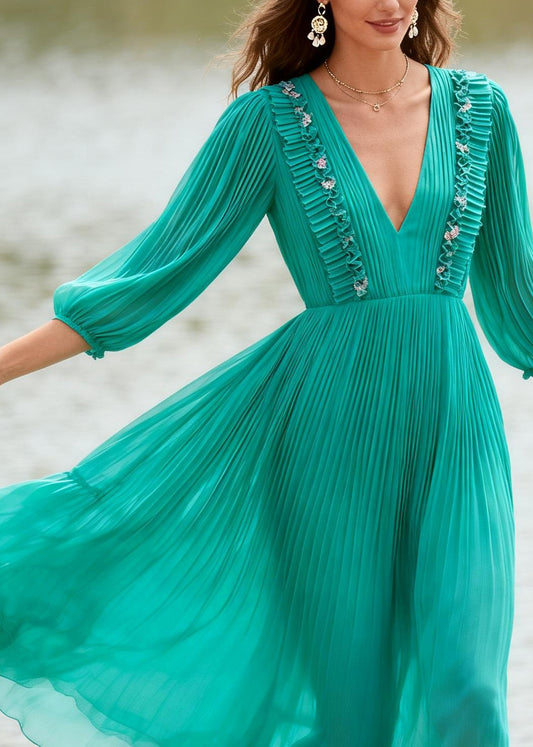 Handmade Green V Neck Wrinkled Patchwork Chiffon Ankle Dress Summer