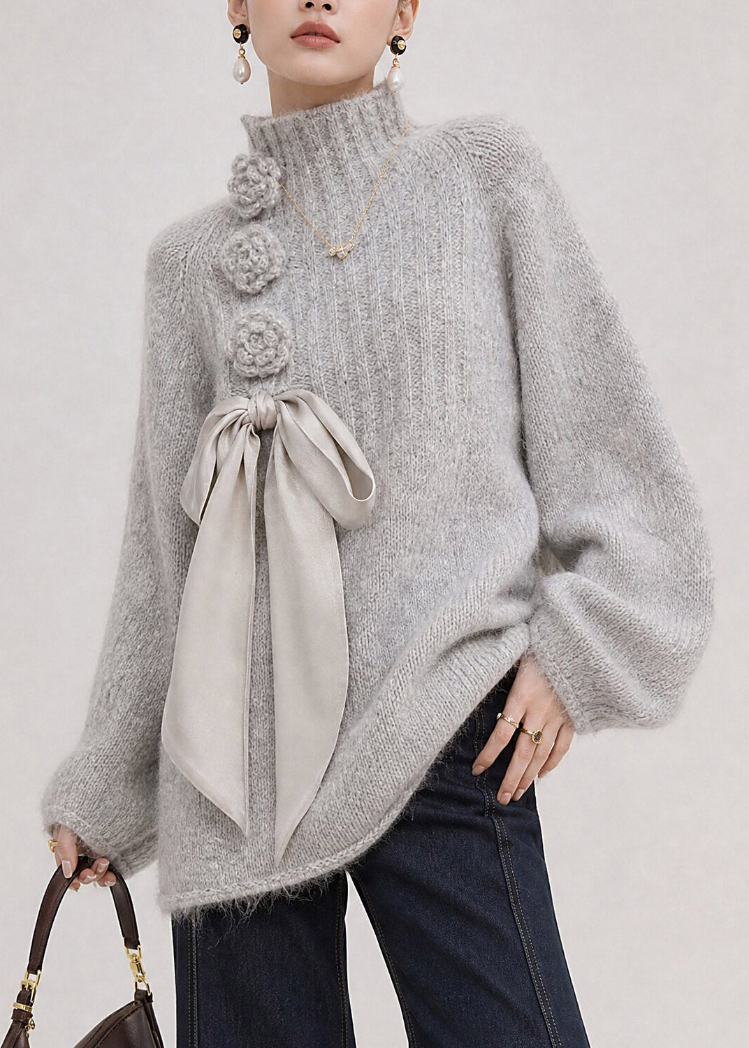 Handmade Grey Bow Floral Cotton Knit Sweater Tops Fall