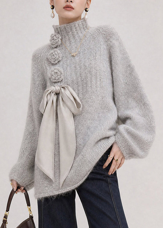 Handmade Grey Bow Floral Cotton Knit Sweater Tops Fall