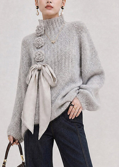 Handmade Grey Bow Floral Cotton Knit Sweater Tops Fall
