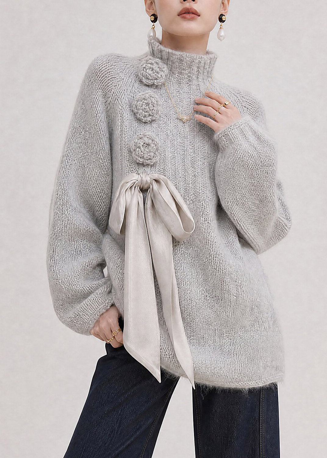 Handmade Grey Bow Floral Cotton Knit Sweater Tops Fall