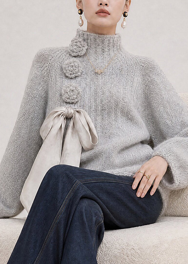 Handmade Grey Bow Floral Cotton Knit Sweater Tops Fall