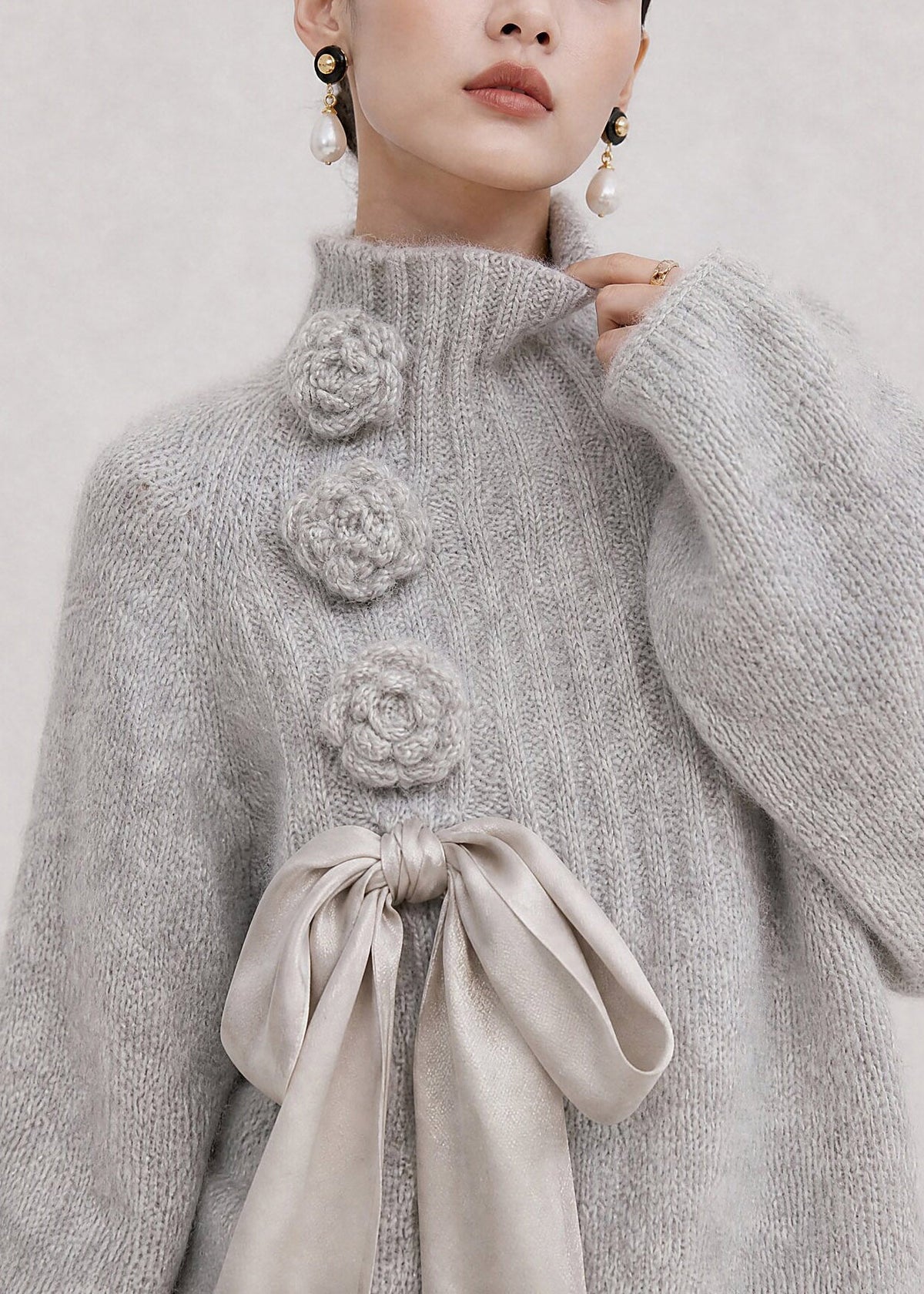 Handmade Grey Bow Floral Cotton Knit Sweater Tops Fall