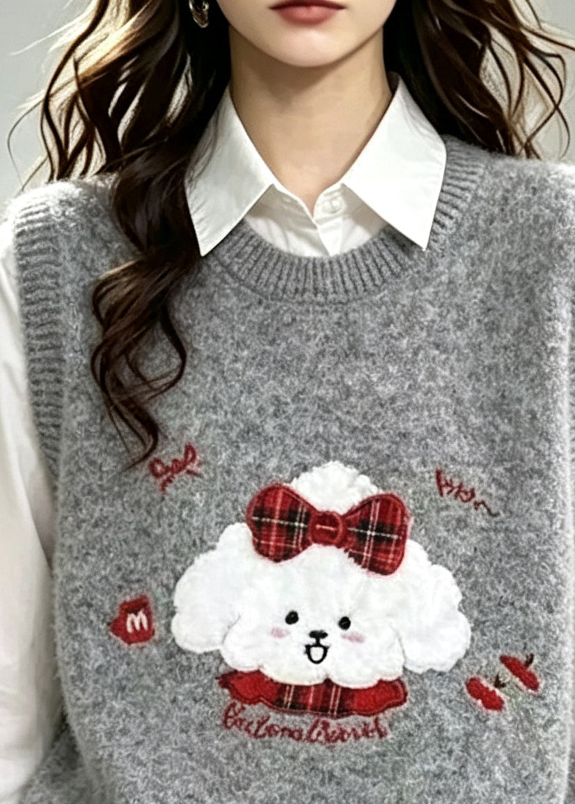 Handmade Grey Embroideried Knit Vests Winter