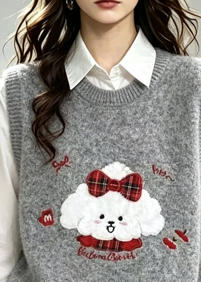Handmade Grey Embroideried Knit Vests Winter