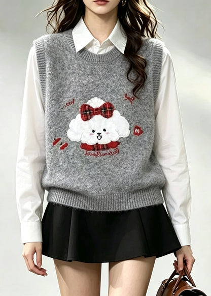 Handmade Grey Embroideried Knit Vests Winter
