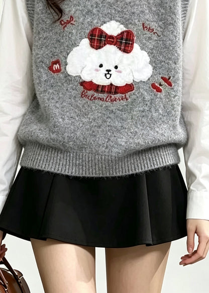 Handmade Grey Embroideried Knit Vests Winter