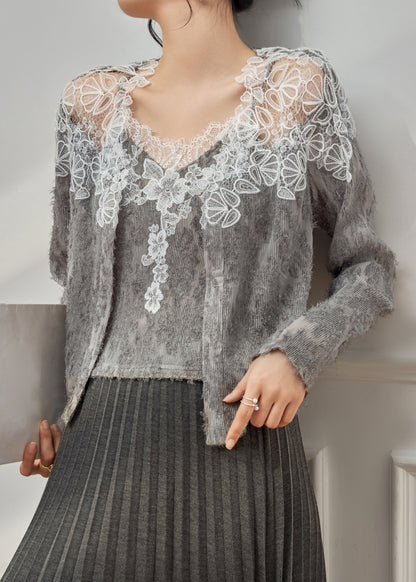 Handmade Grey Lace Patchwork Tank And Cardigans Knit Two Pieces Set Spring