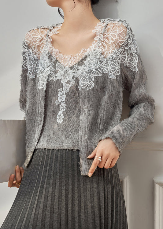 Handmade Grey Lace Patchwork Tank And Cardigans Knit Two Pieces Set Spring