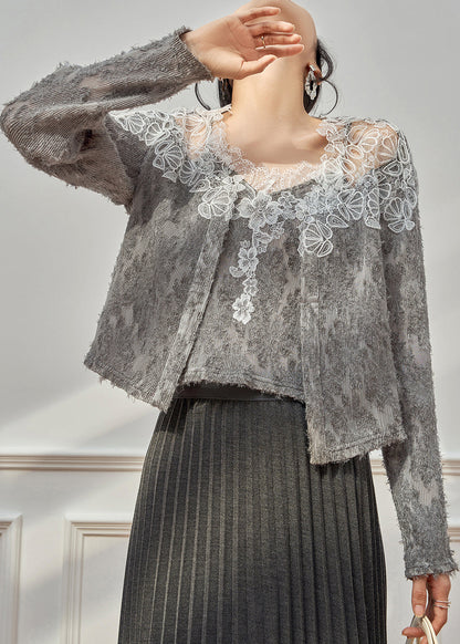 Handmade Grey Lace Patchwork Tank And Cardigans Knit Two Pieces Set Spring