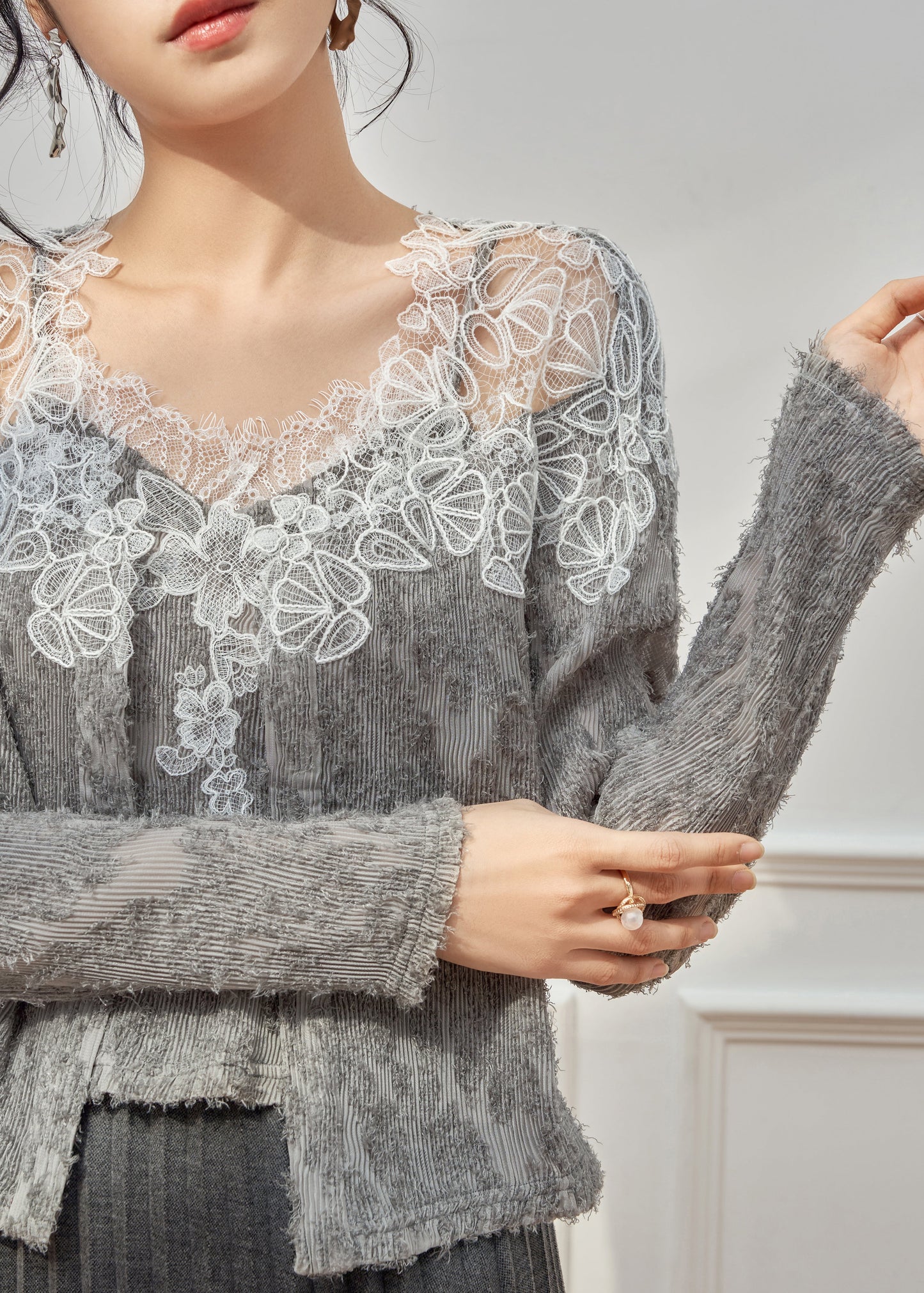 Handmade Grey Lace Patchwork Tank And Cardigans Knit Two Pieces Set Spring