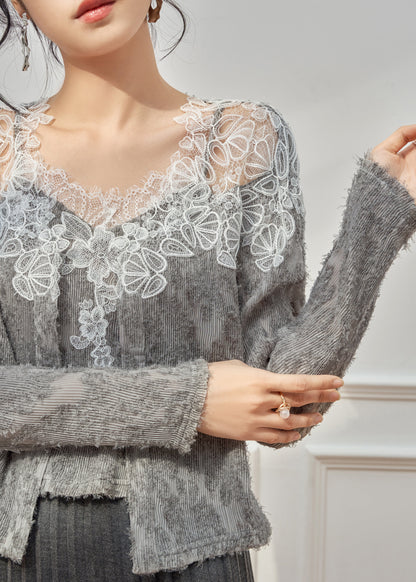 Handmade Grey Lace Patchwork Tank And Cardigans Knit Two Pieces Set Spring