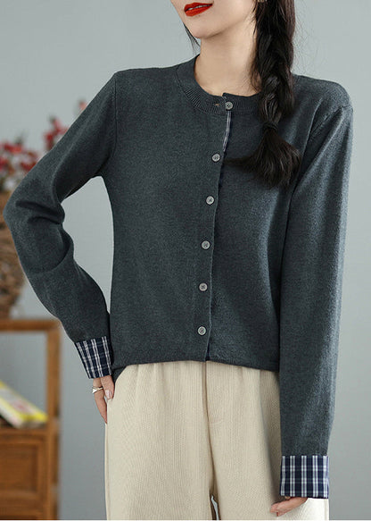 Handmade Grey O-Neck Patchwork Knit Cardigans Spring