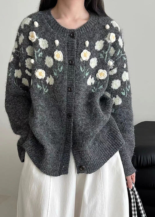 Handmade Grey Oversized Floral Knit Coats Winter