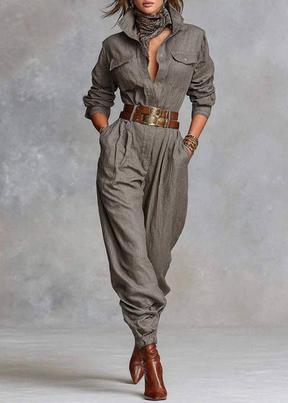 Handmade Grey Patchwork Pockets Tunic Jumpsuits Fall
