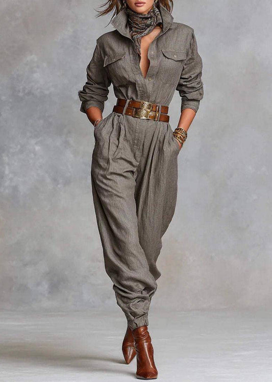 Handmade Grey Patchwork Pockets Tunic Jumpsuits Fall