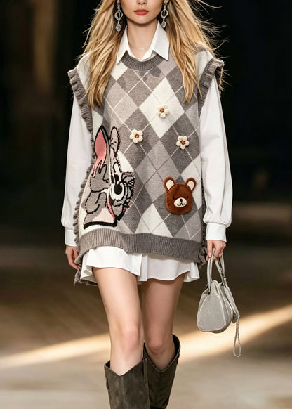 Handmade Grey Ruffled Jacquard Patchwork Knit Vest Sleeveless
