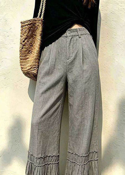 Handmade Grey Ruffled Patchwork Elastic Waist Wide Leg Pants Fall