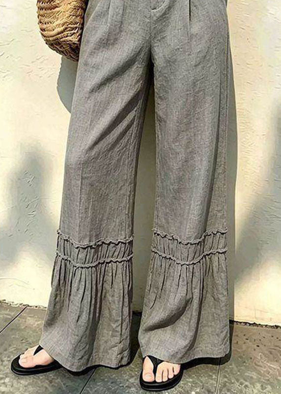 Handmade Grey Ruffled Patchwork Elastic Waist Wide Leg Pants Fall