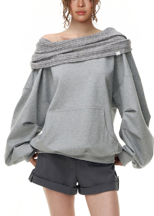 Handmade Grey Slash Neck Patchwork Loose Sweatshirt Fall