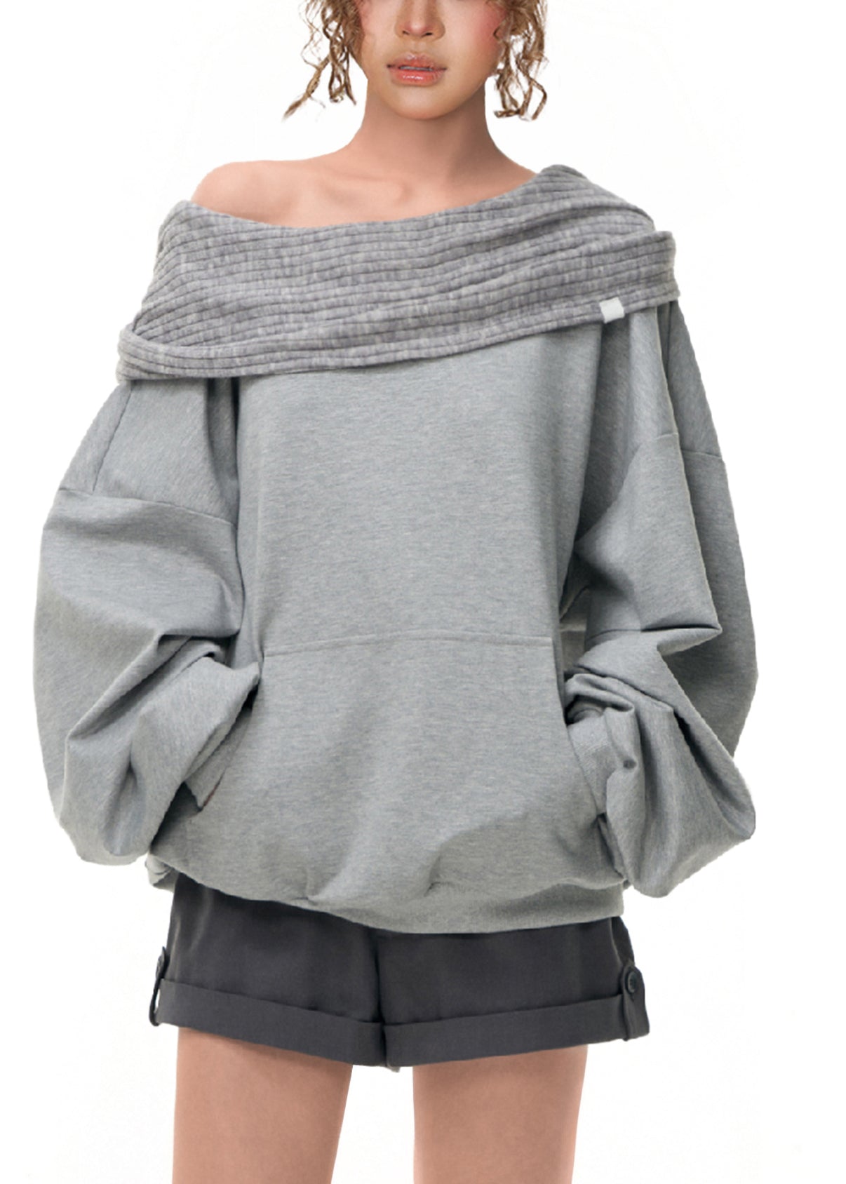 Handmade Grey Slash Neck Patchwork Loose Sweatshirt Fall