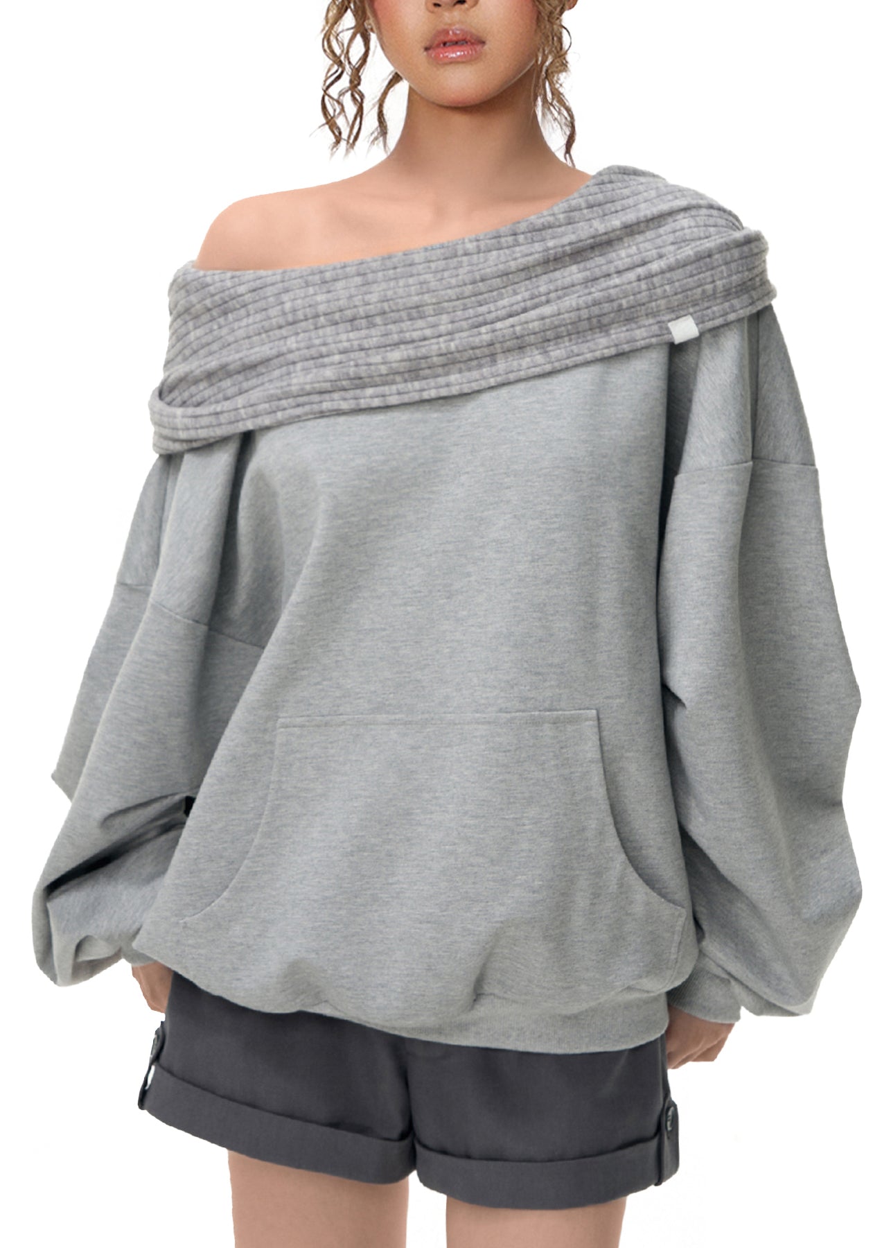Handmade Grey Slash Neck Patchwork Loose Sweatshirt Fall