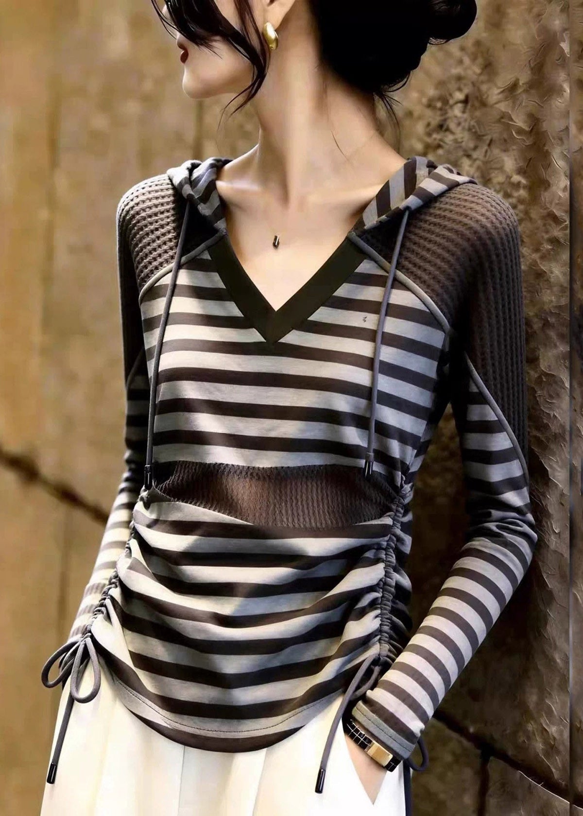 Handmade Grey Striped Cinched Patchwork Hooded Tops Fall
