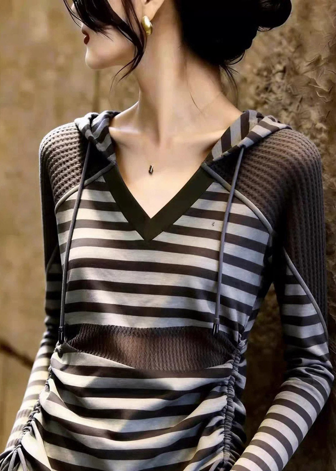 Handmade Grey Striped Cinched Patchwork Hooded Tops Fall