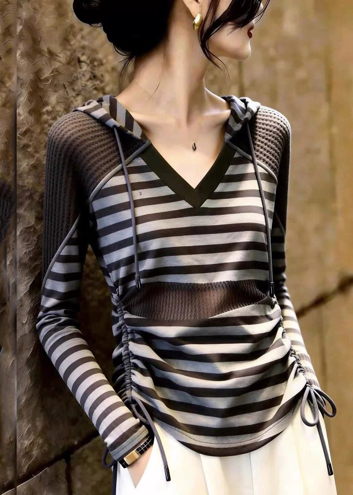 Handmade Grey Striped Cinched Patchwork Hooded Tops Fall
