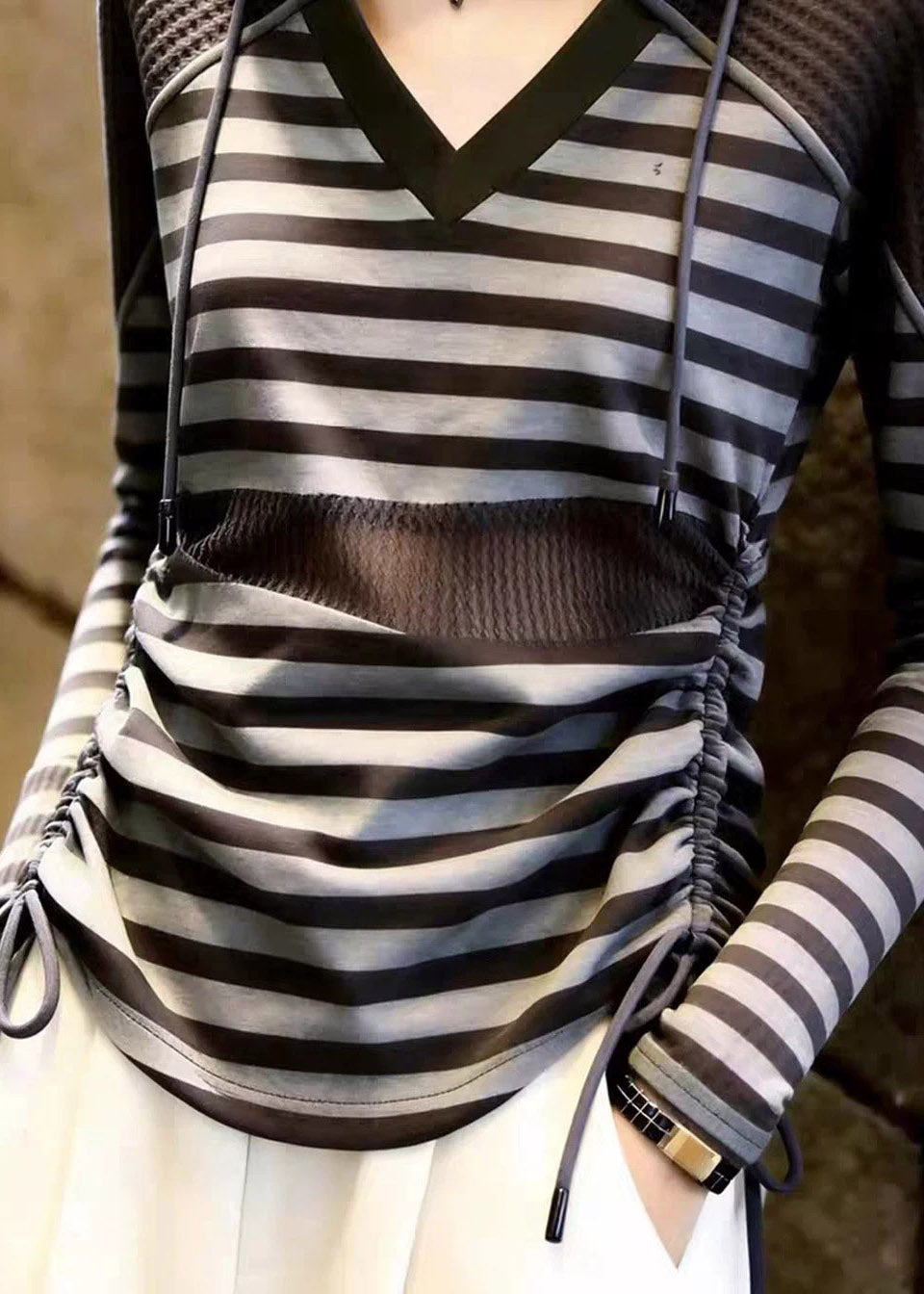 Handmade Grey Striped Cinched Patchwork Hooded Tops Fall