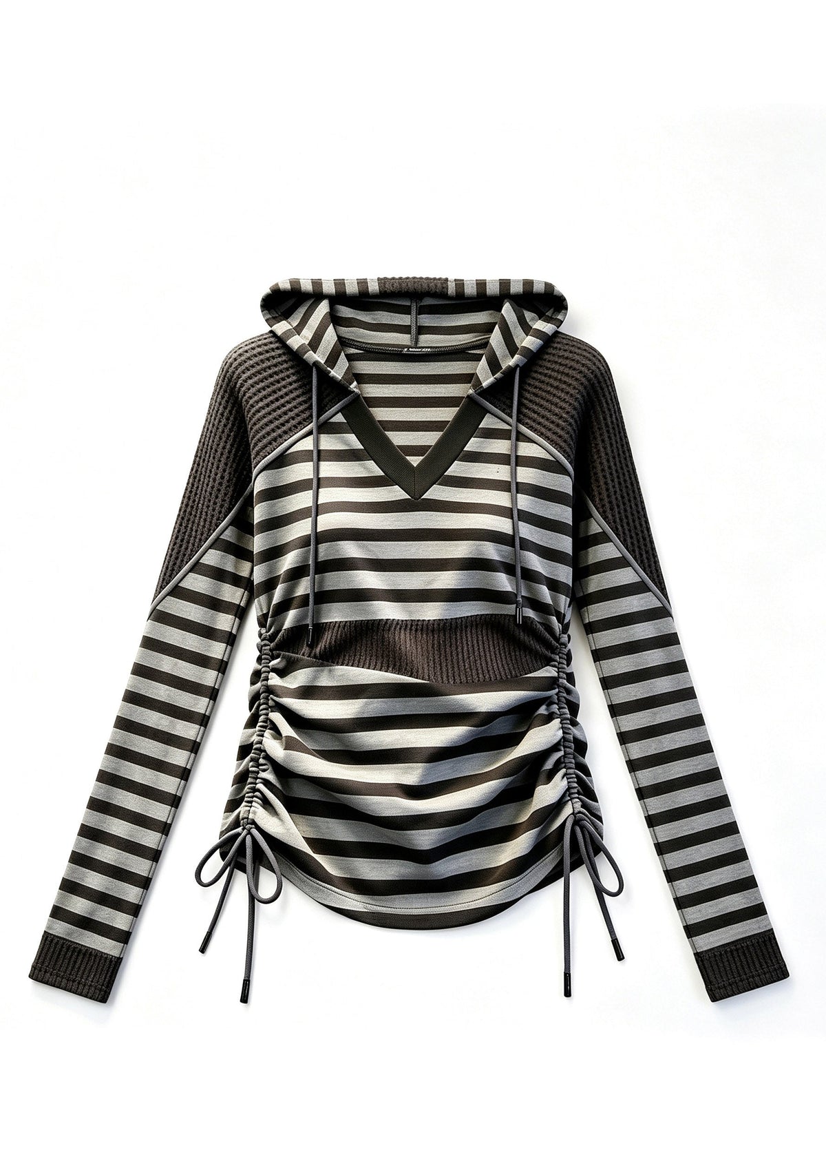Handmade Grey Striped Cinched Patchwork Hooded Tops Fall