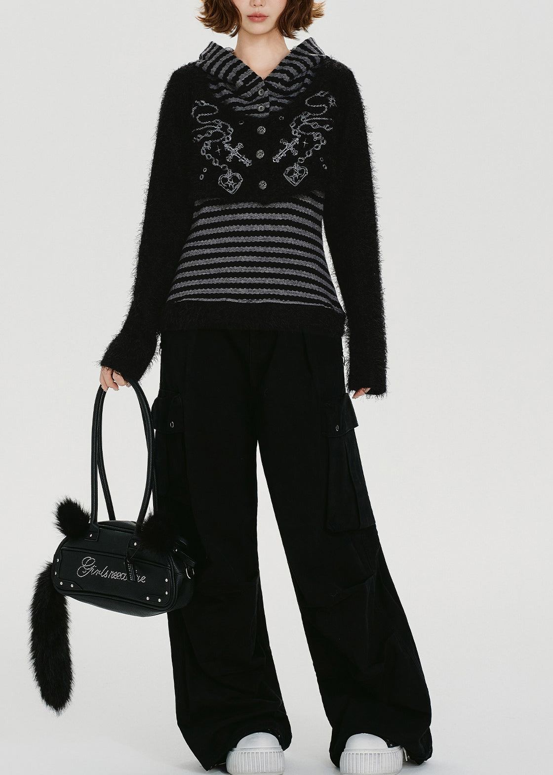 Handmade Grey Striped Patchwork Knit Fake Two Piece Pullover Winter