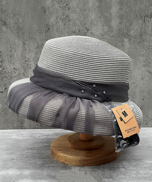 Handmade Grey Tulle Zircon Straw Woven Floppy Sun Hat