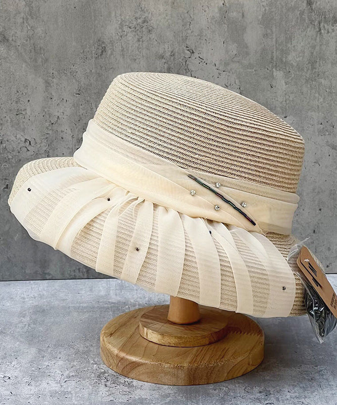 Handmade Grey Tulle Zircon Straw Woven Floppy Sun Hat