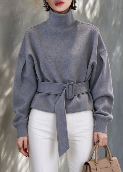 Handmade Grey Turtleneck Patchwork Tunic Solid Sweatshirts Lantern Sleeve
