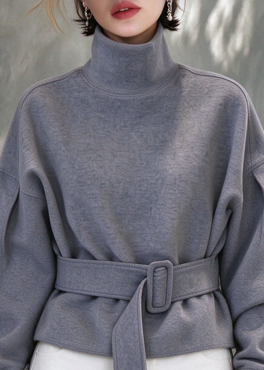 Handmade Grey Turtleneck Patchwork Tunic Solid Sweatshirts Lantern Sleeve