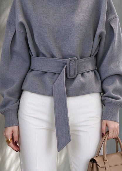 Handmade Grey Turtleneck Patchwork Tunic Solid Sweatshirts Lantern Sleeve