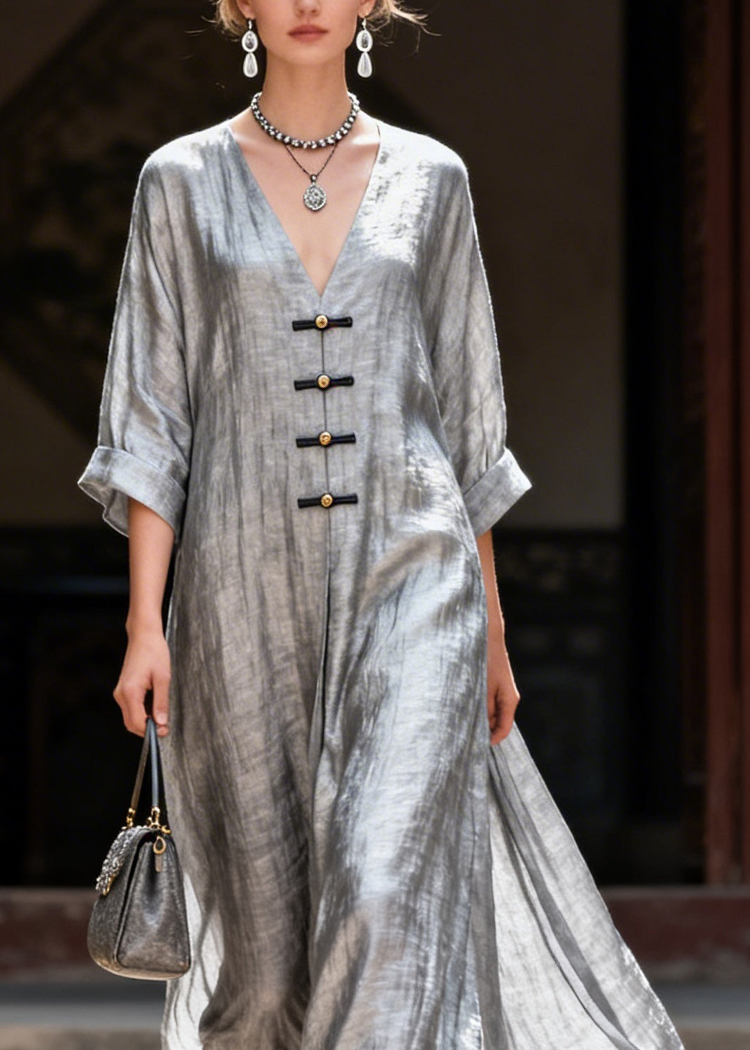 Handmade Grey V Neck Button Solid Maxi Dress Summer