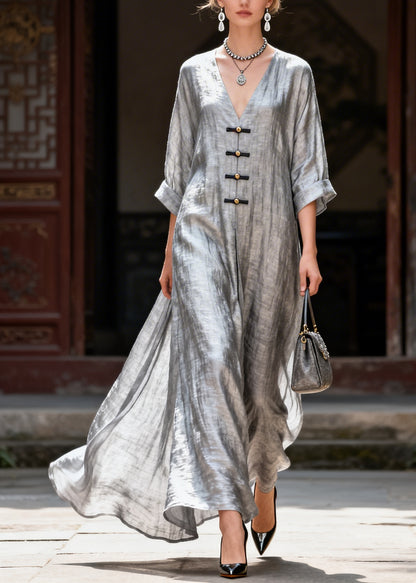 Handmade Grey V Neck Button Solid Maxi Dress Summer
