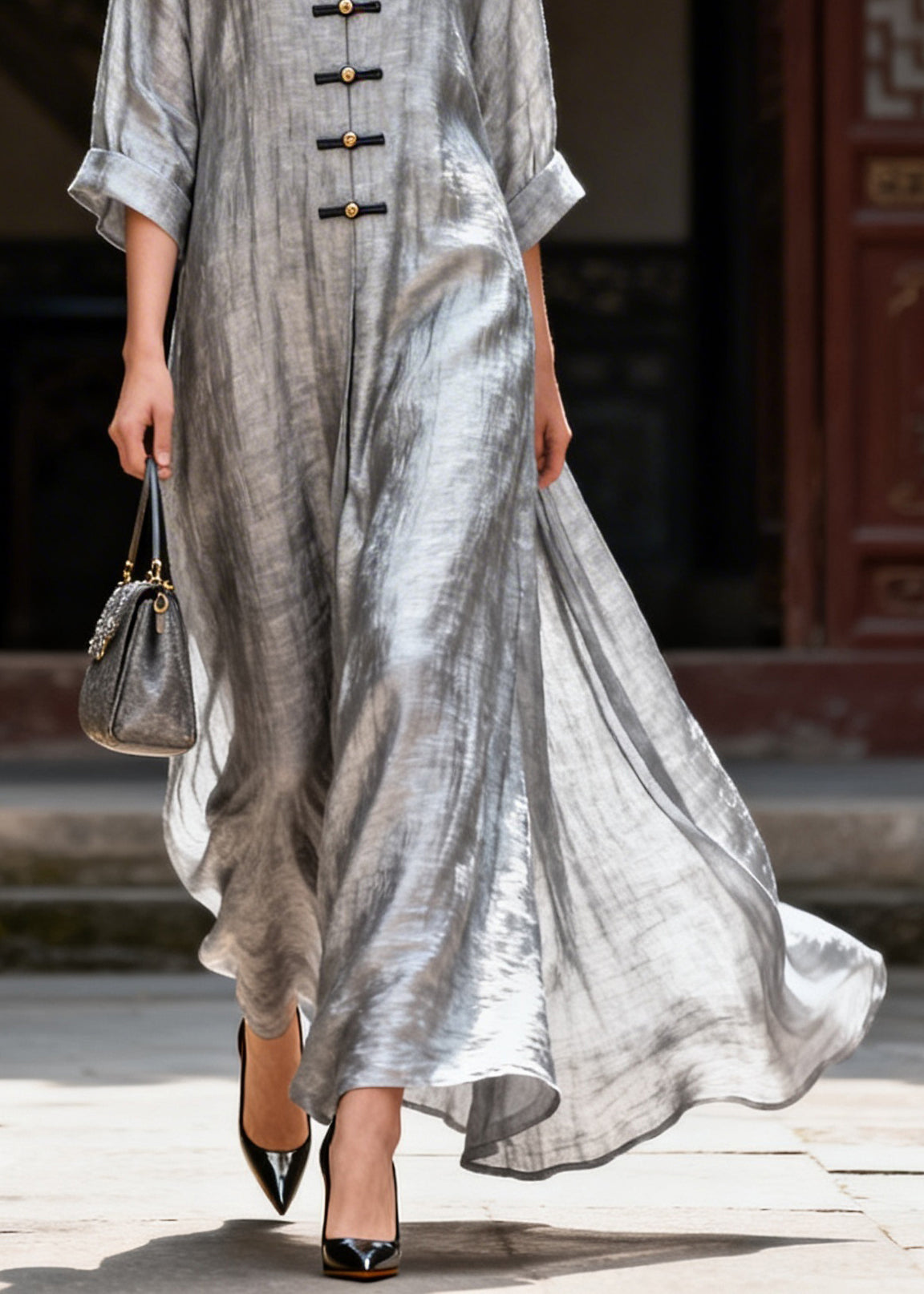Handmade Grey V Neck Button Solid Maxi Dress Summer