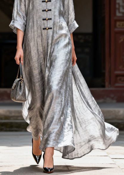 Handmade Grey V Neck Button Solid Maxi Dress Summer