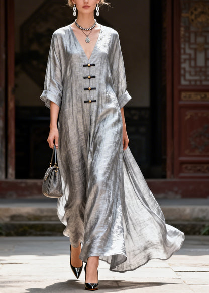 Handmade Grey V Neck Button Solid Maxi Dress Summer