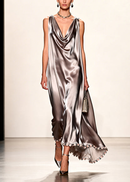 Handmade Grey V Neck Patchwork Flower Silk Maxi Dress Summer