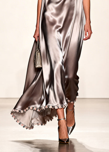 Handmade Grey V Neck Patchwork Flower Silk Maxi Dress Summer