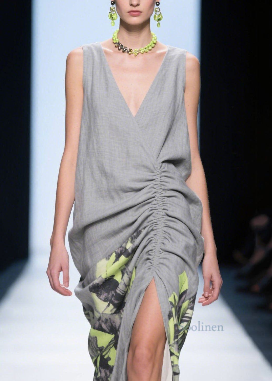 Handmade Grey Wrinkled Side Open Linen Mid Dress Summer