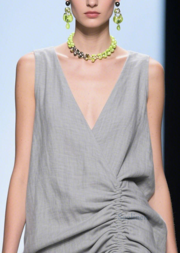 Handmade Grey Wrinkled Side Open Linen Mid Dress Summer