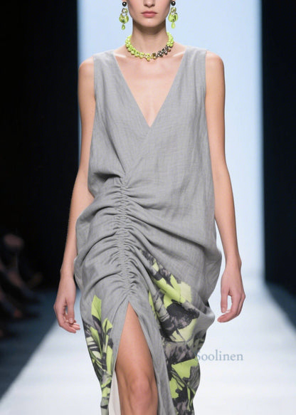 Handmade Grey Wrinkled Side Open Linen Mid Dress Summer